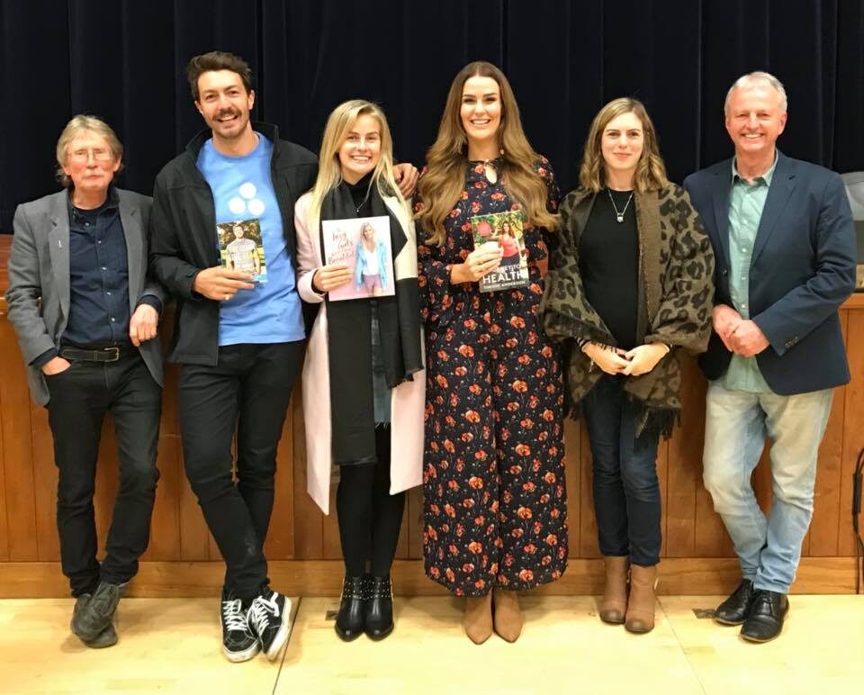 Organisers David Hedley and Steve Trotman with Matilda Rice, Art Green and Simone Anderson at Yarns in Barns, 2018.